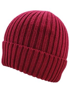 Ribbed Knit Beanie Hat in Deep Berry